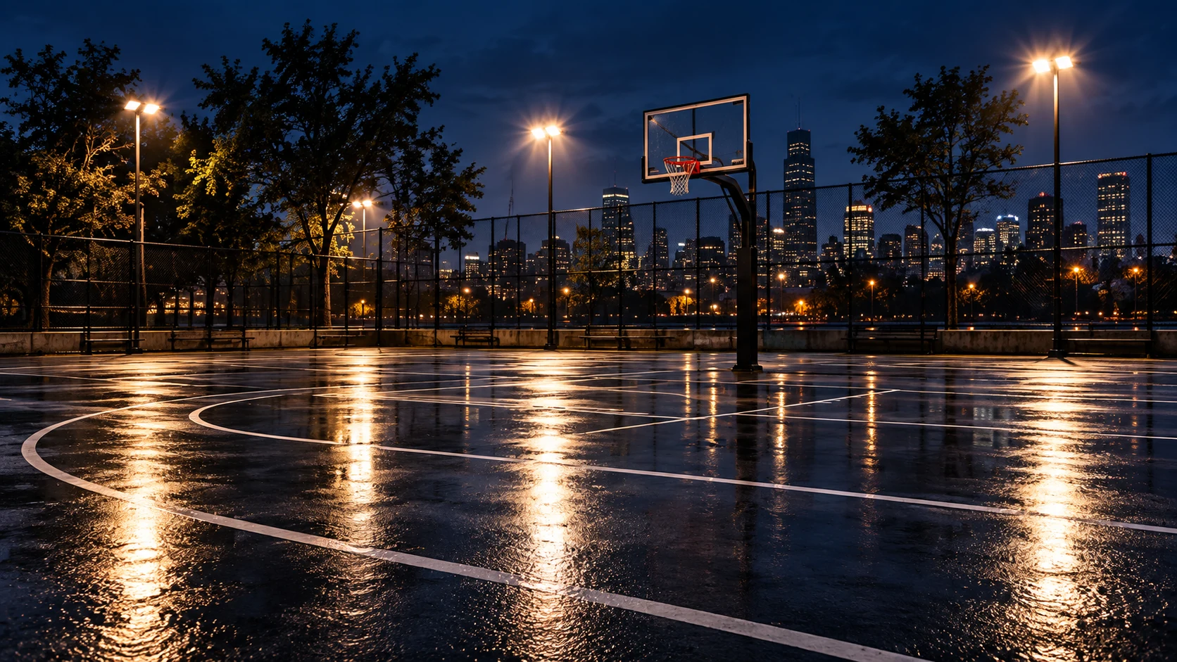 An empty neighborhood basketball court under evening lights